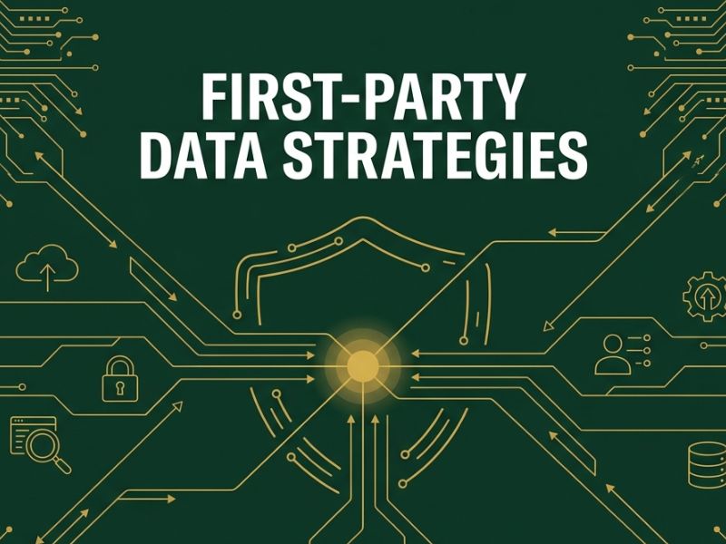 Vector hero graphic on dark green with gold data lines converging into one node, titled First-Party Data Strategies