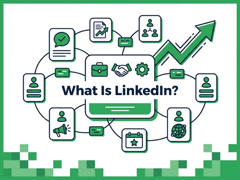 Vector illustration titled What Is LinkedIn showing a connected professional network of profile cards and a growth arrow in white, green and dark navy