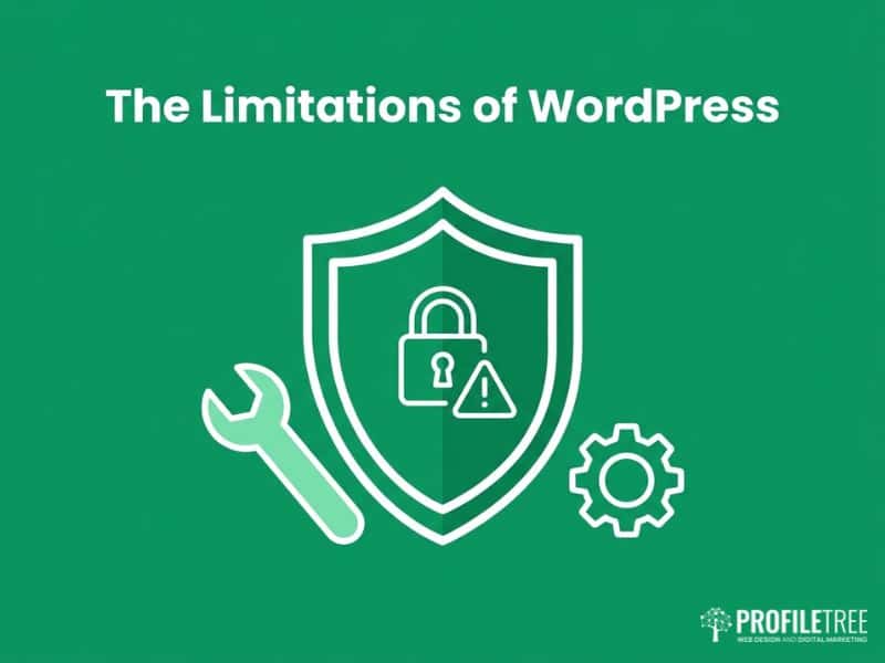 Pros and Cons of WordPress illustration showing a security shield, padlock and maintenance icons representing WordPress limitations