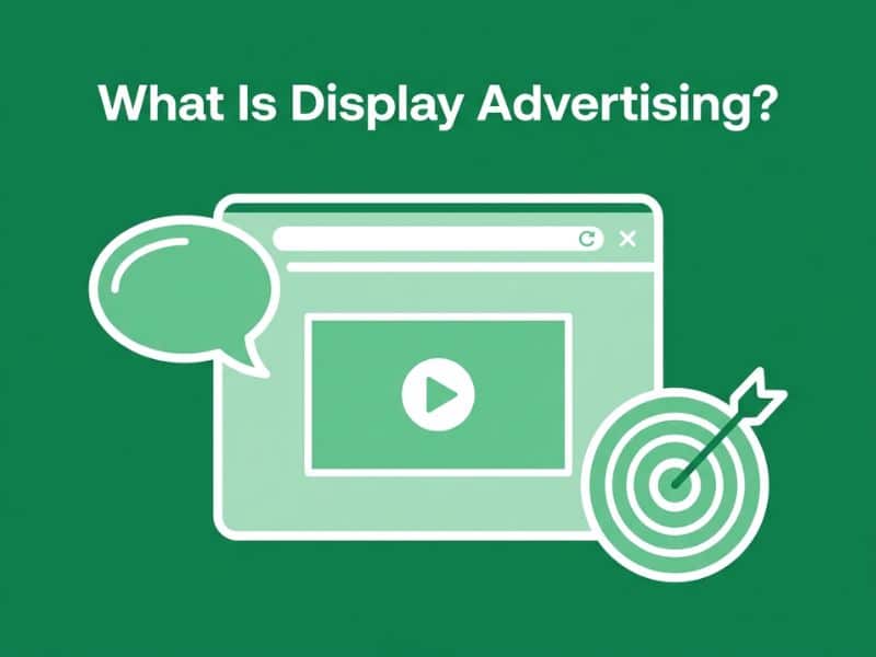 What Is Display Advertising illustrated with a browser window showing a banner ad on an emerald green background