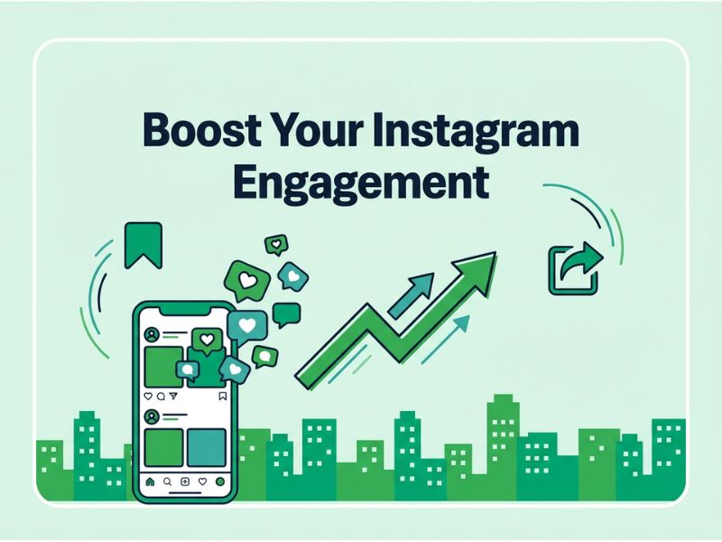 Boost Your Instagram Engagement hero graphic with a green phone, rising heart and comment icons, and an upward growth arrow