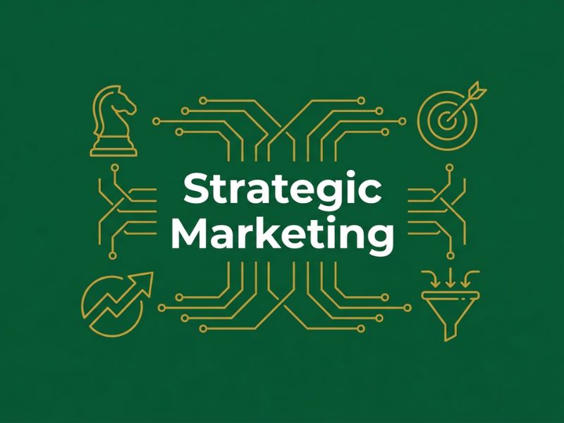 Strategic Marketing hero illustration showing gold line-art chess, growth arrow and funnel icons on a dark green background.