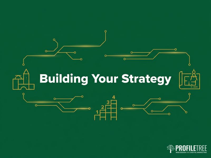Four-step Strategic Marketing approach shown with gold building-block and blueprint icons on a dark green background.