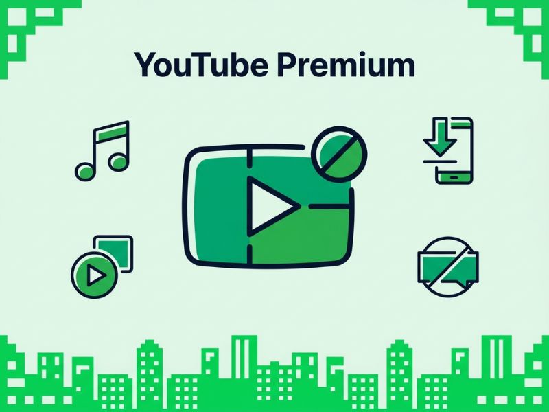 ouTube Premium vector graphic with ad-free play, music and download icons in green and navy.