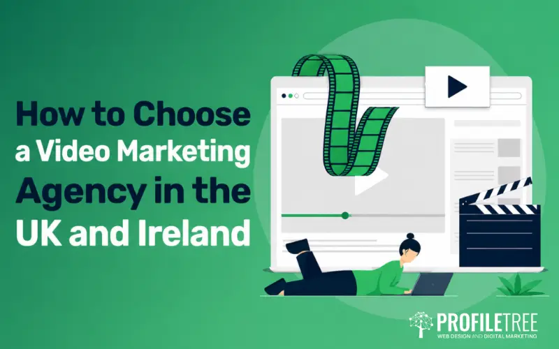 Flat illustration of a video player, film reel and clapperboard showing how to choose a video marketing agency.