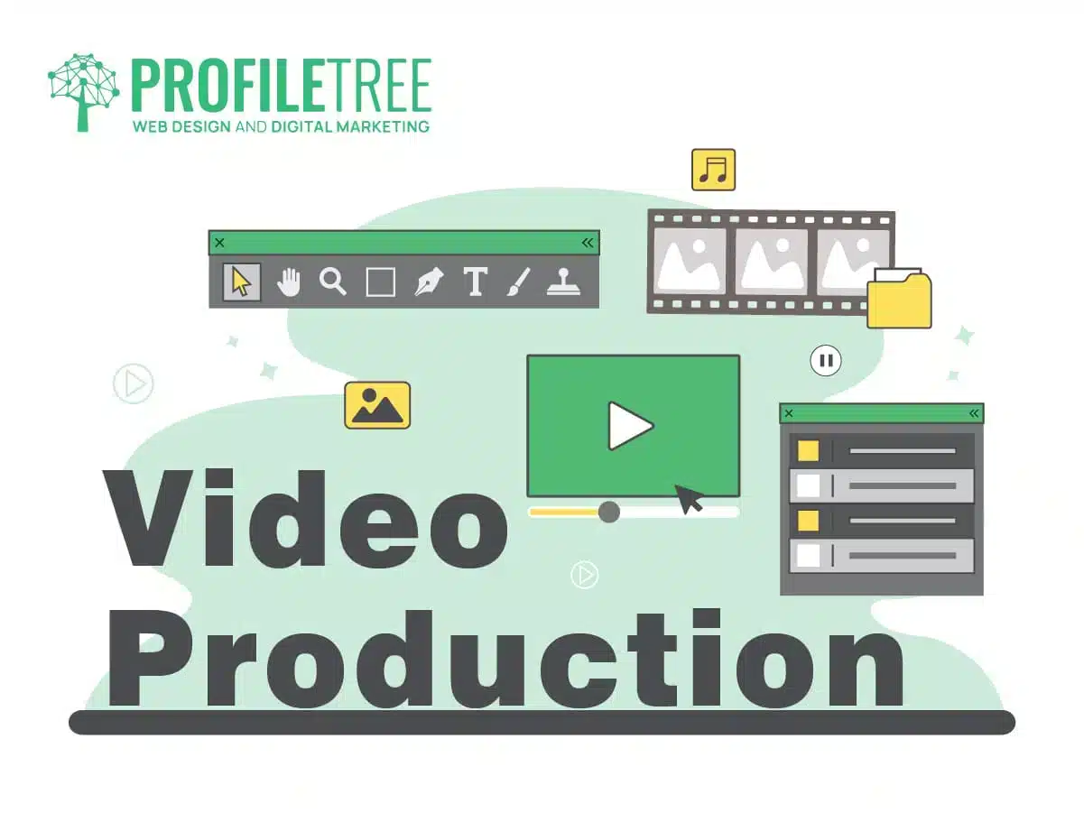 An illustration showing video editing icons, a play button, and image thumbnails above the bold text Video Production, with the ProfileTree logo and Web Design and Digital Marketing—a showcase of our digital agency services—at the top.