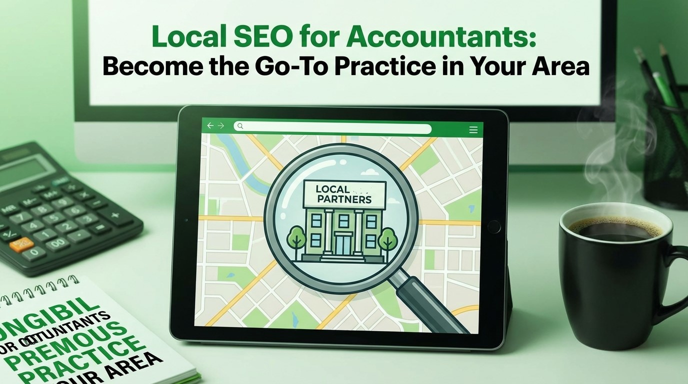 A tablet displays a map with a magnifying glass highlighting a building labeled Local Partners. Text above reads, Local SEO for Accountants: Become the Go-To Practice in Your Area. A coffee cup and notepad complete this accountants' workspace.