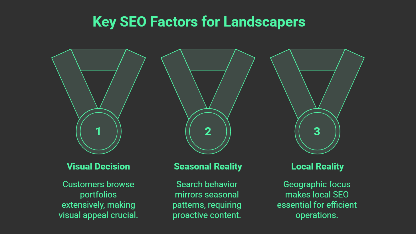 Infographic titled Key SEO Factors for Landscapers highlights top SEO tips with three medals labeled 1, 2, and 3 for Visual Decision, Seasonal Reality, and Local Reality—essential elements of effective SEO for landscapers.