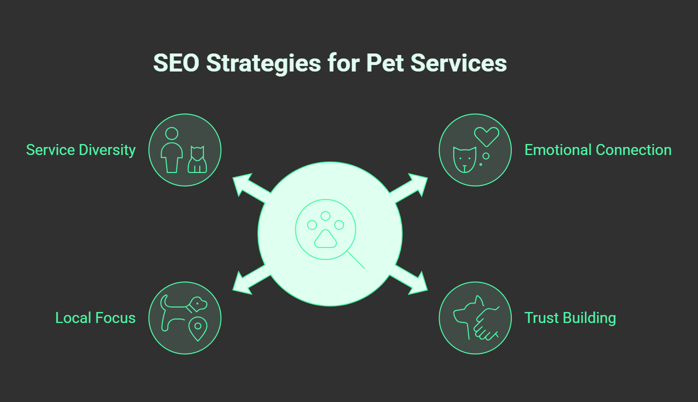 Infographic titled SEO Strategies for Pet Services with four points: Service Diversity, Emotional Connection, Local Focus, and Trust Building—key elements of SEO for pet services—each shown with pet icons around a central paw print.