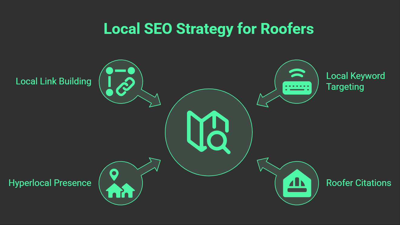 Infographic titled “Local SEO Strategy for Roofers” illustrating key seo for roofers tactics: Local Link Building, Local Keyword Targeting, Hyperlocal Presence, and Roofer Citations—all linked by arrows to a central map icon.