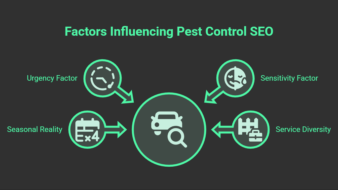 Infographic titled Factors Influencing SEO for Pest Control with four labeled icons: Urgency Factor, Sensitivity Factor, Seasonal Reality, and Service Diversity, all pointing to a central pest control search icon.