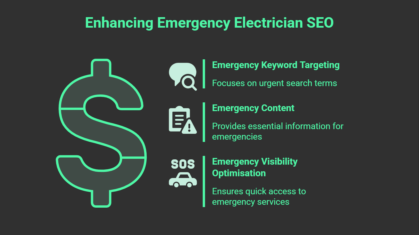 Infographic titled Enhancing Emergency Electrician SEO with a large dollar sign and three points: Emergency Keyword Targeting, Emergency Content, and Visibility Optimisation—key strategies for effective SEO for electricians, each with icons and descriptions.