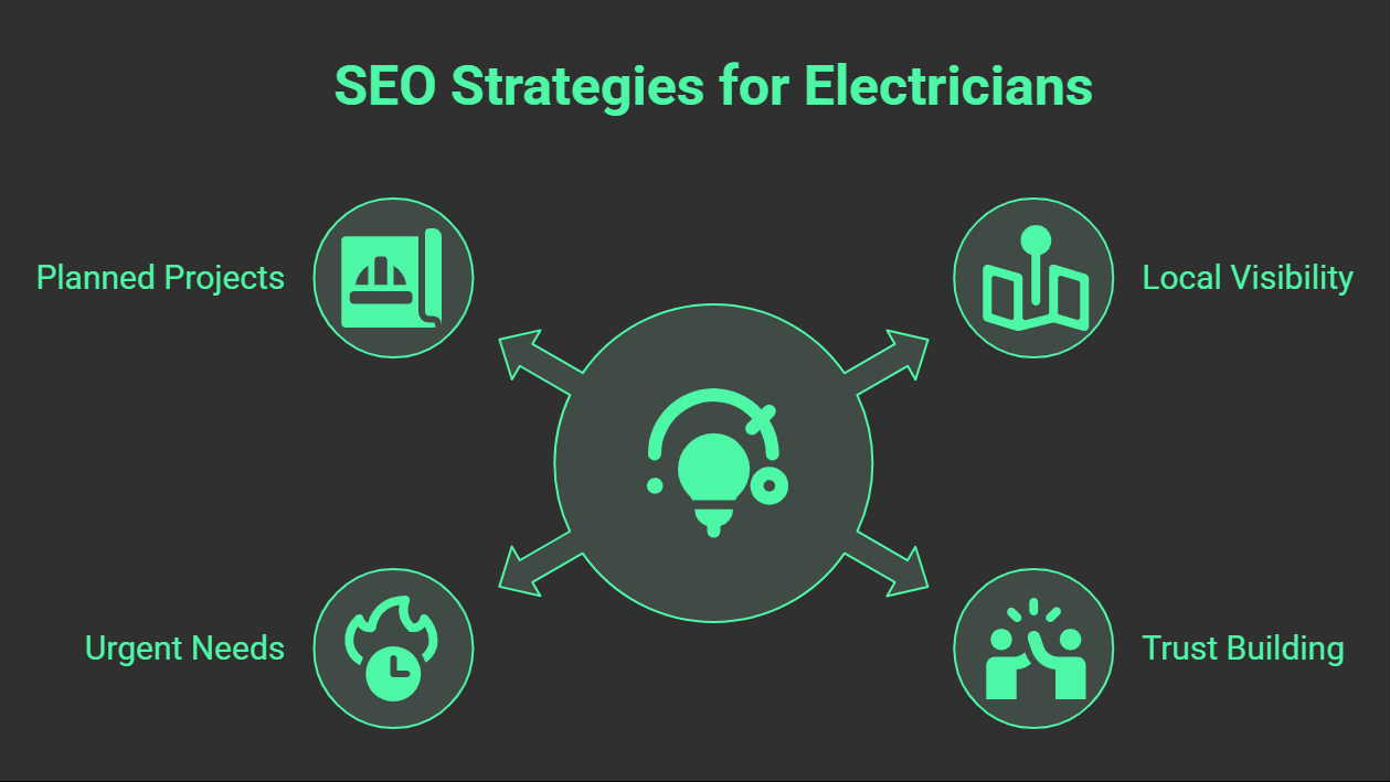 SEO for Electricians: A diagram titled SEO Strategies for Electricians highlights key elements of SEO for electricians—Planned Projects, Local Visibility, Trust Building, and Urgent Needs—all linked to a central SEO icon.