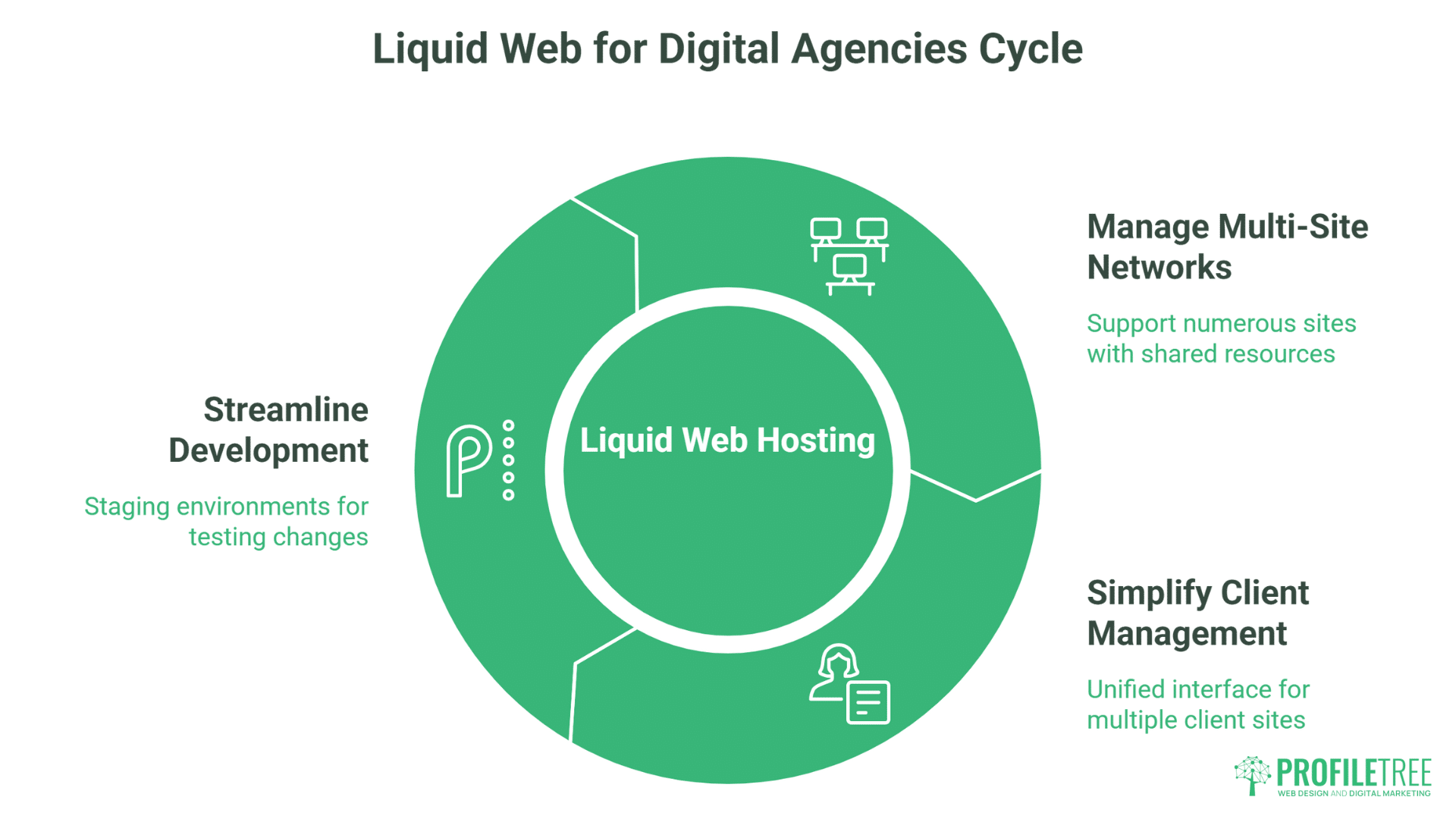 A circular infographic titled Liquid Web for Digital Agencies Cycle highlights Liquid Web Hosting at the center, surrounded by benefits—Streamline Development, Manage Multi-Site Networks, and Simplify Client Management—all powered by liquid web solutions.