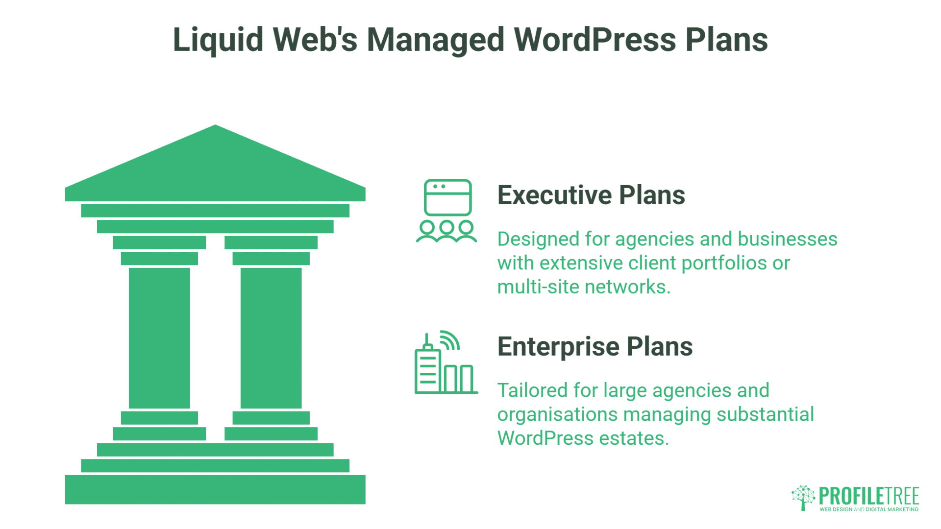 Infographic titled Liquid Webs Managed WordPress Plans showcases two options: Executive Plans for agencies or businesses with client portfolios or multi-sites, and Enterprise Plans from Liquid Web Hosting for large agencies managing many WordPress sites.