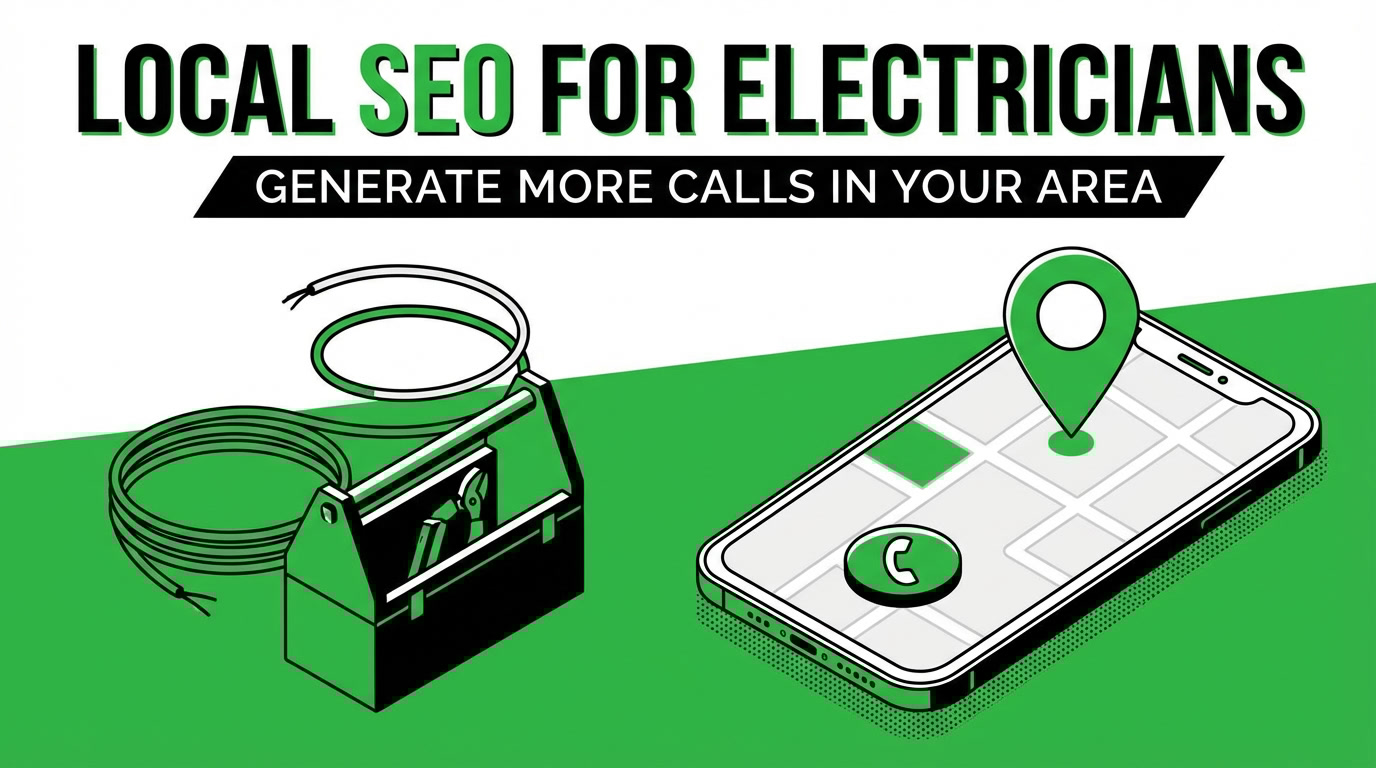 Illustration with the text Local SEO for Electricians: Generate More Calls in Your Area, featuring a toolbox, coiled wire, and a smartphone displaying a map with a location pin and call icon—perfect for promoting Local SEO strategies.