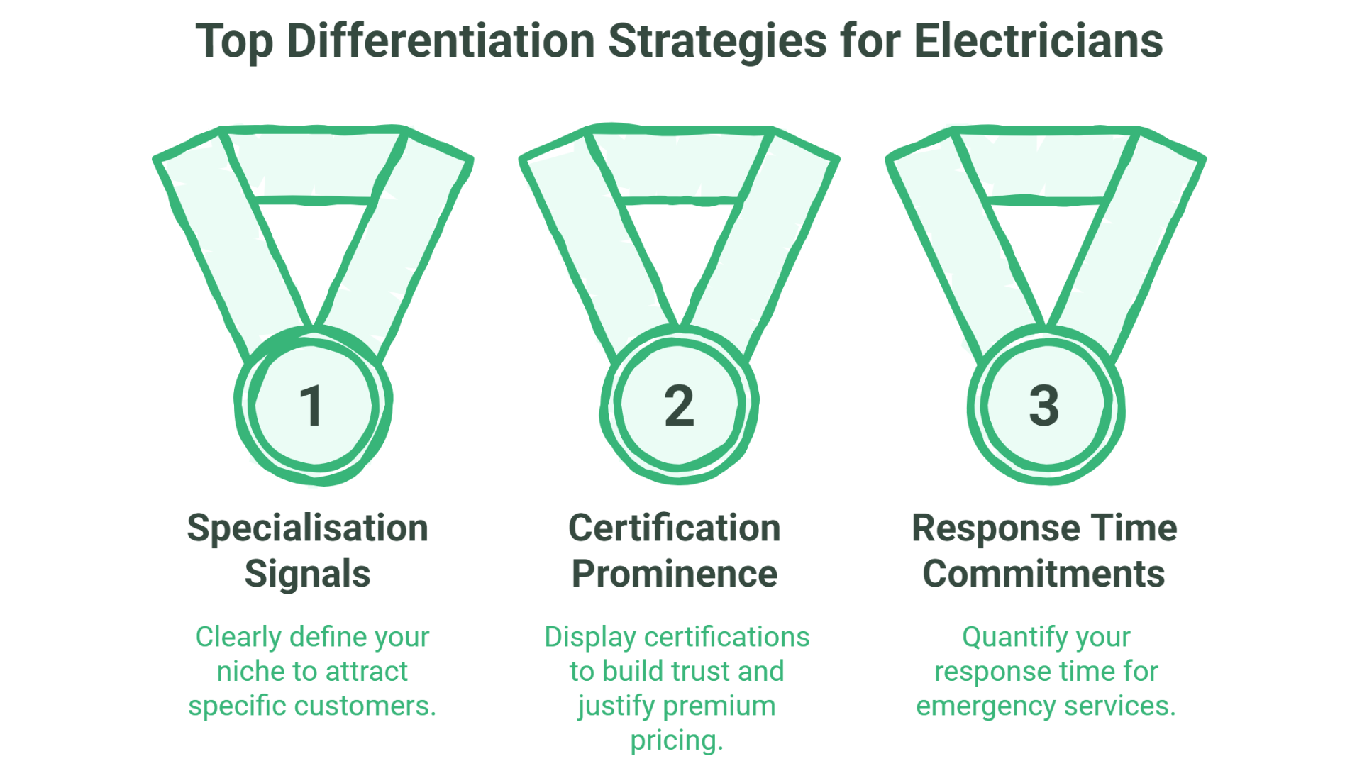 Three illustrated medal icons numbered 1 to 3 highlight business strategies for electricians: Local SEO for Electricians, Certification Prominence, and Response Time Commitments, each with a brief explanation underneath.