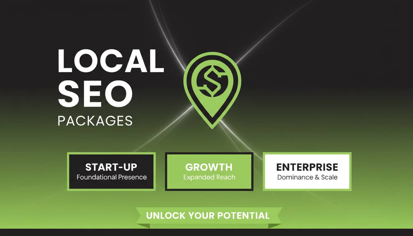 A graphic for Local SEO Package options with three tiers: Start-Up (Foundational Presence), Growth (Expanded Reach), and Enterprise (Dominance & Scale). A green location icon is centered above Unlock Your Potential.