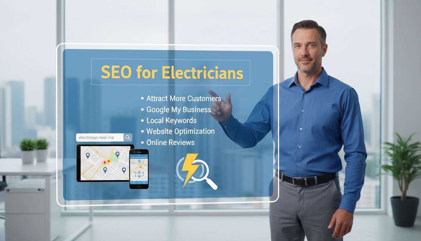 A man in a blue shirt stands in an office pointing to a virtual screen displaying Electrical SEO tips for electricians, with map and phone icons, and a cityscape through large windows in the background.