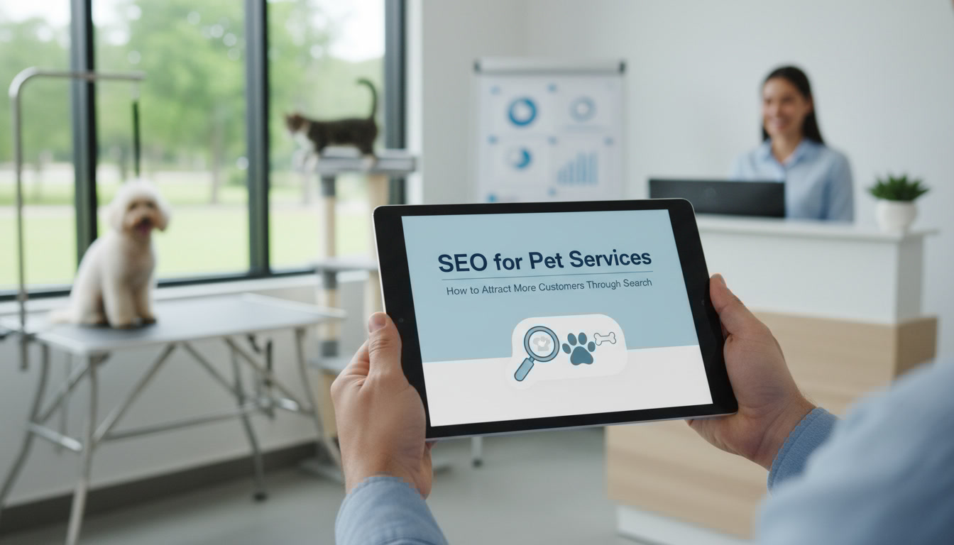 A person holds a tablet featuring SEO for pet services in a modern veterinary office, with a dog on the exam table and a smiling receptionist at the desk in the background.