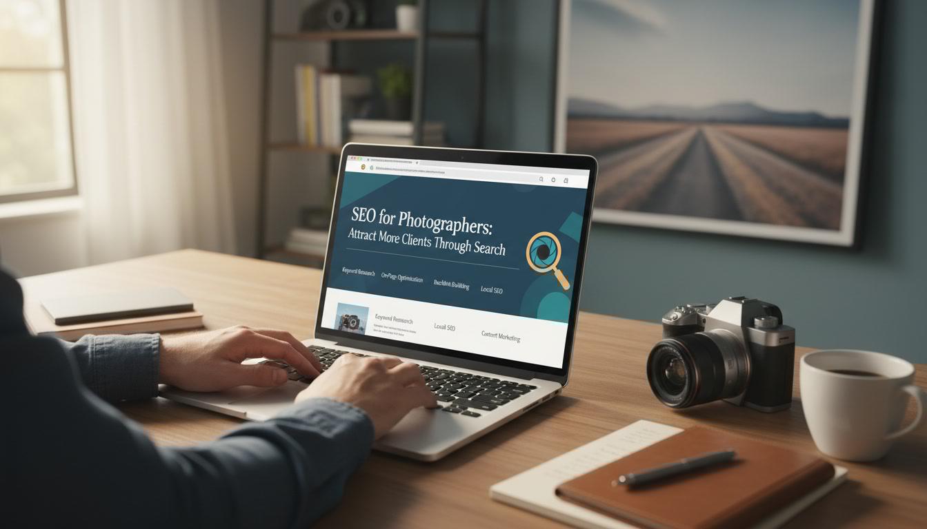 A person uses a laptop at a desk, viewing a webpage titled “SEO for Photographers.” The workspace includes a camera, notebook, coffee cup, and blurred landscape photo—perfect for learning Photography SEO strategies.