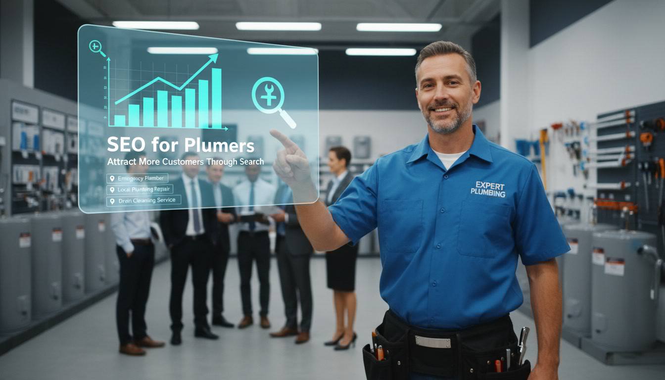 A smiling plumber in a blue uniform stands in a modern showroom, pointing at a virtual screen displaying a graph and the text Plumber SEO: Attract More Customers Through Search, with a group of people in the background.