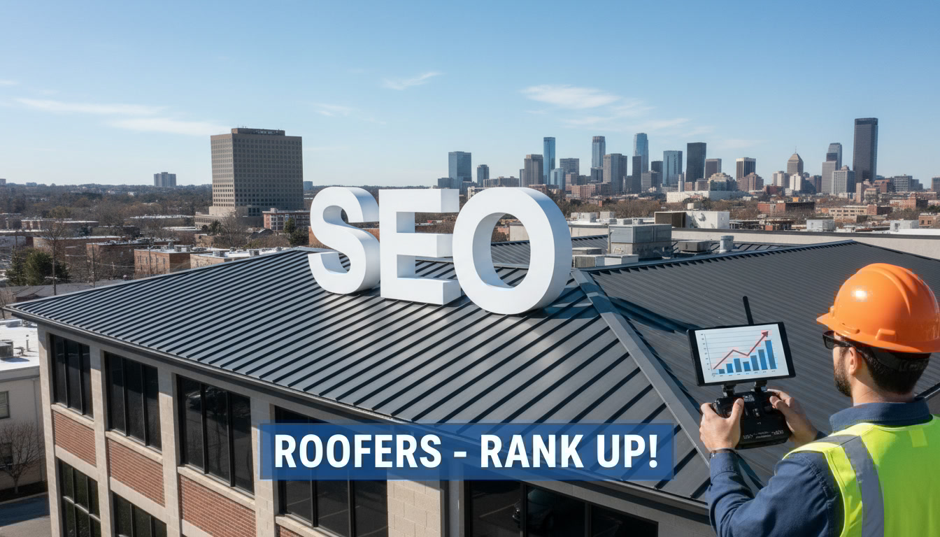 A worker in an orange helmet operates a drone near a rooftop with large SEO letters, highlighting seo for roofers. A city skyline is visible in the background. Text on the image reads: ROOFERS - RANK UP!.