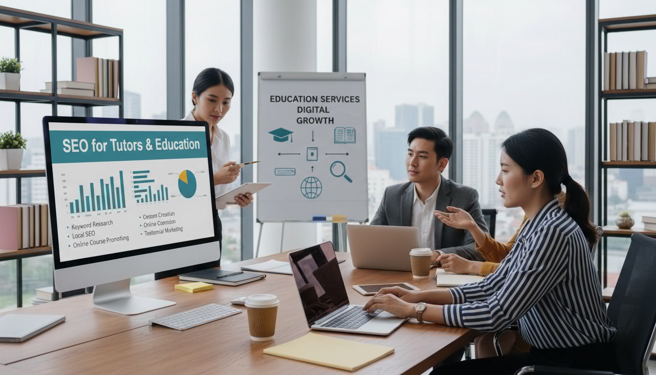 Four professionals in an office discuss digital growth strategies for education services; a monitor displays Tutor SEO for education, and a whiteboard shows related graphics. Laptops and charts are on the table.