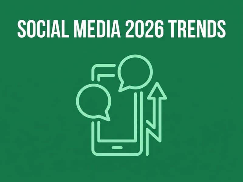 Social Media 2026 Trends guide cover illustration with smartphone and speech bubble icon