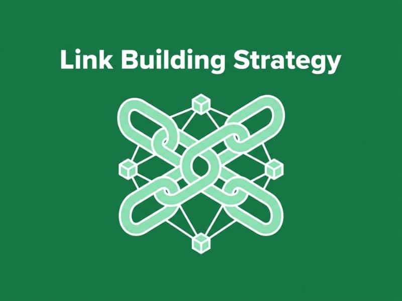Link building strategy illustration showing connected chain links and network nodes on a green background