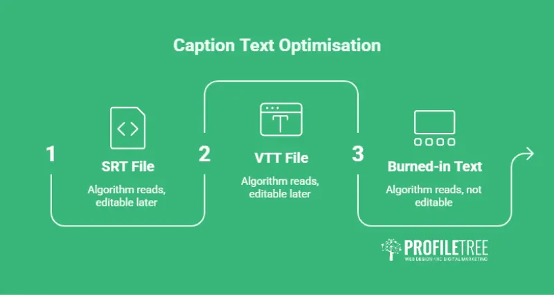 Flowchart showing three steps to optimise video captions: 1. SRT File (algorithm reads, editable later), 2. VTT File (algorithm reads, editable later), 3. Burnt-in Text (algorithm reads, not editable), with ProfileTree logo.