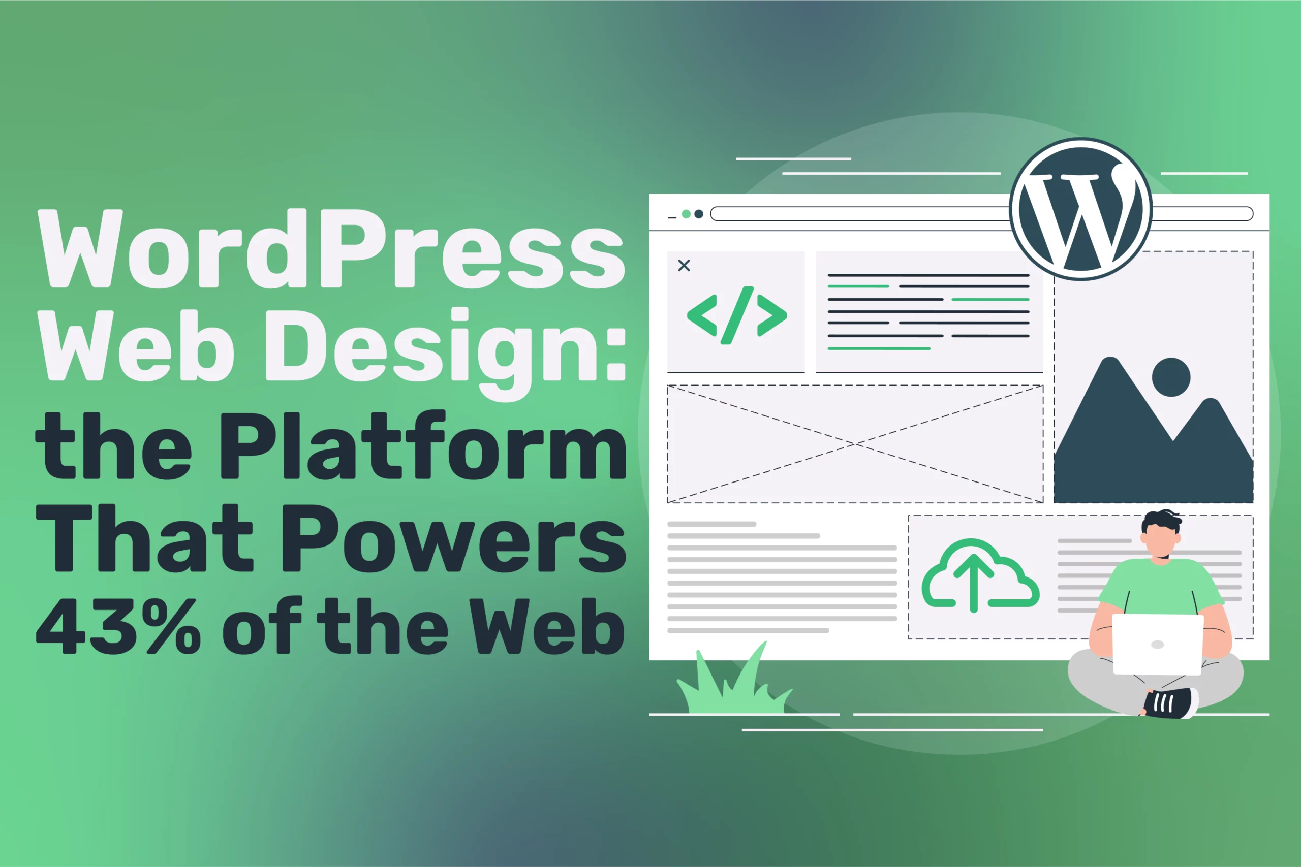 Graphic showing WordPress Web Design: the Platform That Powers 43% of the Web, featuring a website mockup illustration, WordPress logo, and a person with a laptop on a green gradient background—perfect for showcasing modern web design.