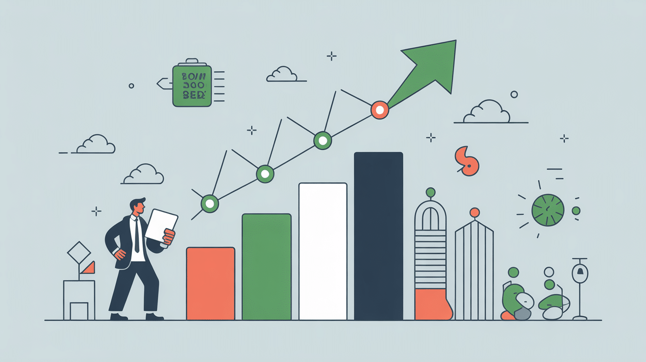 Illustration of a businessperson analyzing a chart with rising bar graphs and a green upward arrow, surrounded by business and financial icons, clouds, and plants—symbolizing B2B SEO growth and measurable progress.