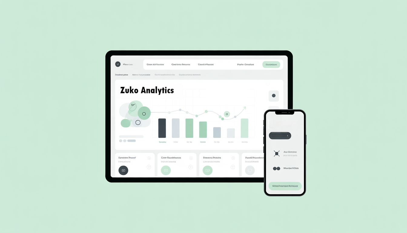 A tablet and smartphone display a data analytics dashboard with graphs, charts, and statistics on a pastel green background. The tablet shows Zuko Analytics whilst the phone features a progress widget for business intelligence insights.