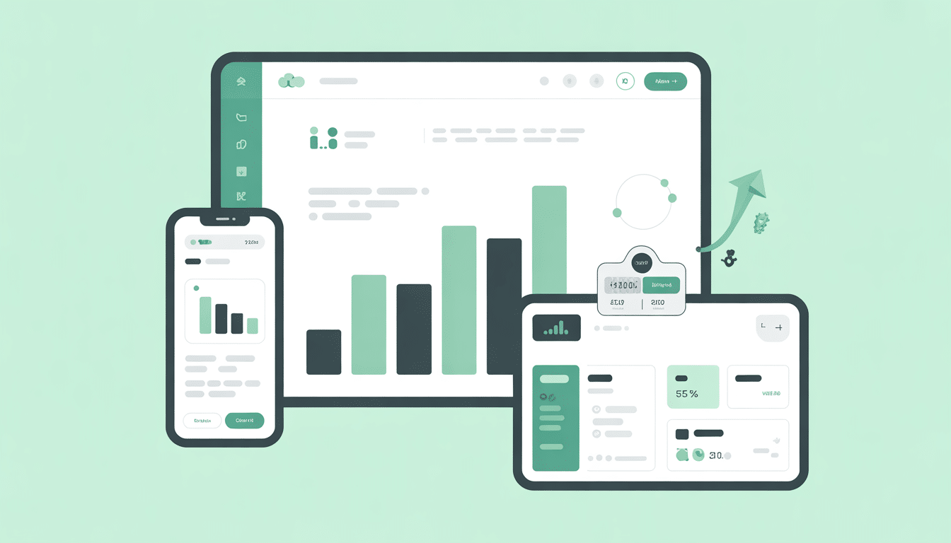 A stylised illustration of a smartphone, tablet, and computer screen displaying charts, graphs, and data dashboards in green and white, representing digital analytics and Business Intelligence.