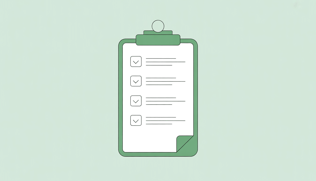 Illustration of a green clipboard holding a checklist with four ticked boxes and lines of text, representing Business Intelligence, set against a light green background.