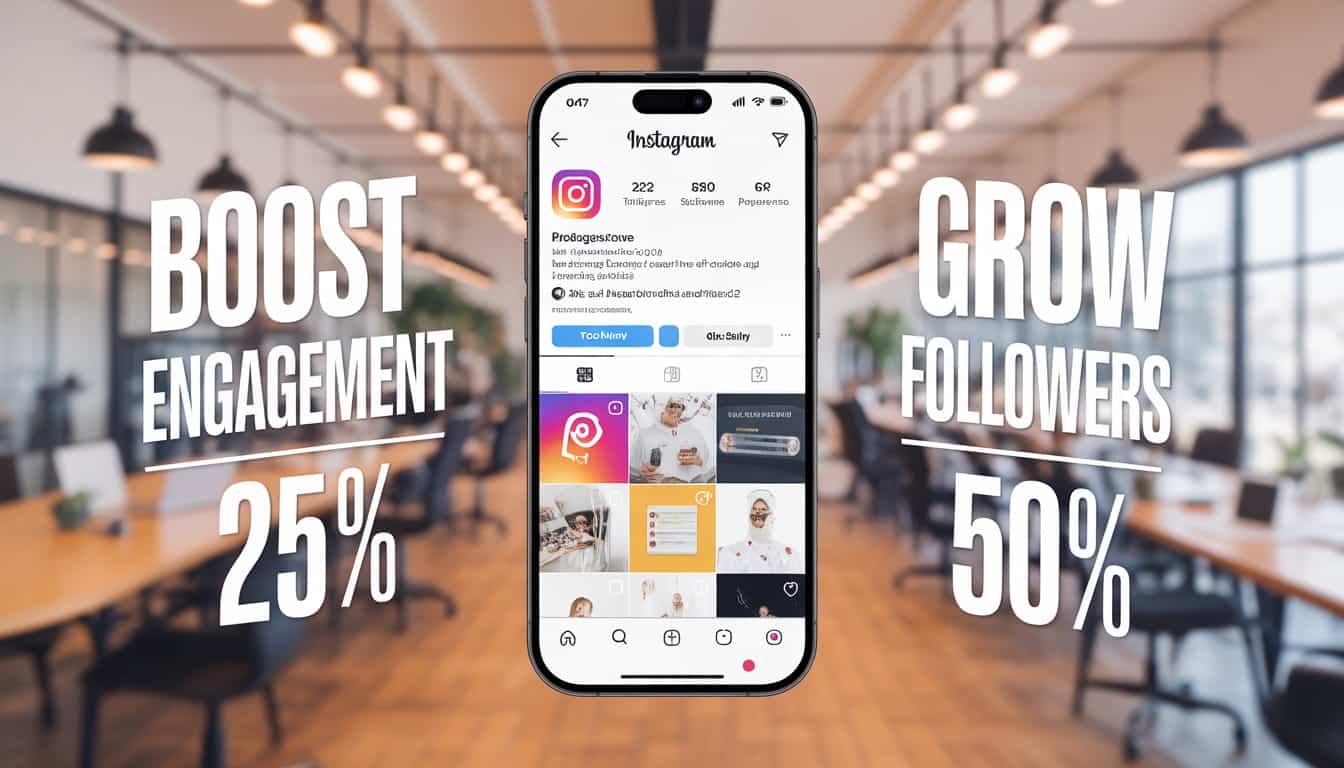 A smartphone displays a business on Instagram profile in the center of a modern office. Large text reads “Boost Engagement 25%” on the left and “Grow Followers 50%” on the right.