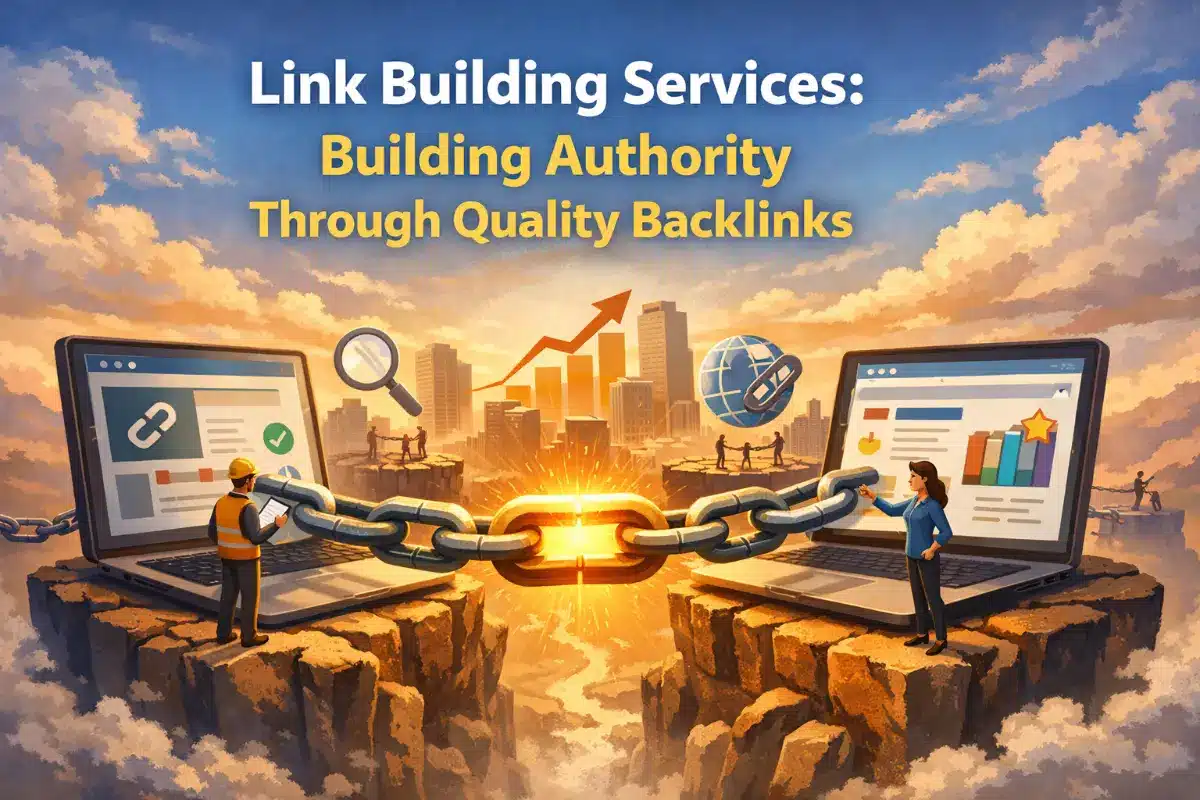 Two laptops on cliffs are connected by a glowing backlink chain, with a city skyline and rising graph in the background. A worker and a businesswoman stand by the laptops. Text reads: “Link Building Services: Building Authority Through Quality Backlinks.”.