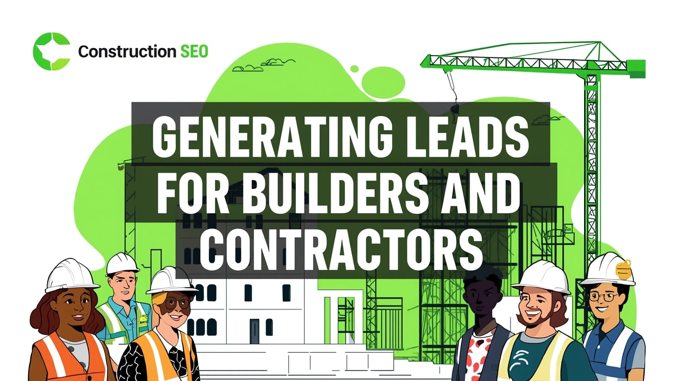 Illustration with Generating Leads for Builders and Contractors text, construction workers in hard hats, and a green-themed background featuring cranes, buildings, and the Construction SEO logo for effective digital marketing.