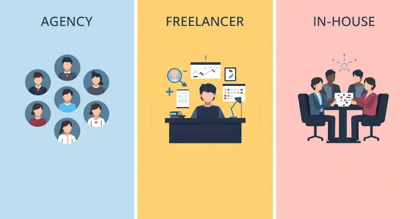 A comparison graphic showing a Copywriting Agency with a group of people, Freelancer with one person at a desk with charts, and In-House teams collaborating at a table—all exploring different ways to access copywriting services.