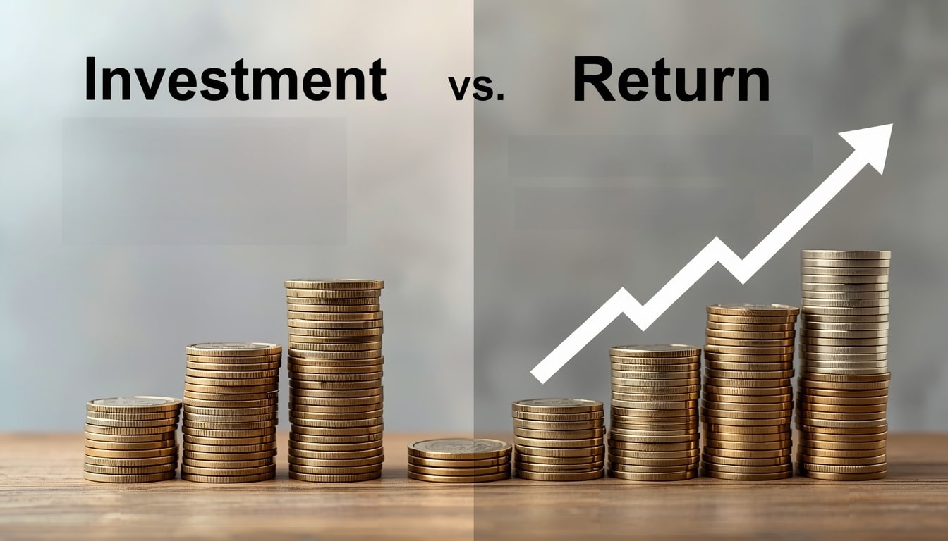 Stacks of coins arranged from shortest to tallest on a wooden surface, with the words Investment vs. Return above them and an upward white arrow symbolizing growth over the tallest stacks—perfect for illustrating copywriting services success.