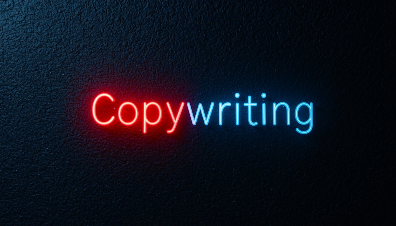 The word Copywriting is written in glowing neon letters—Copy in red and writing in blue—against a dark textured background, evoking the bold creativity of a top Copywriting Agency.