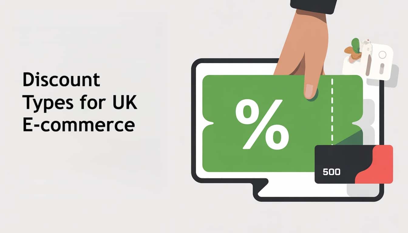 A hand inserts a large green discount card with a percent symbol into a tablet next to a black card labelled 500. Text reads: Discount Types for UK E-commerce, including discounts and Vouchers with WIX.