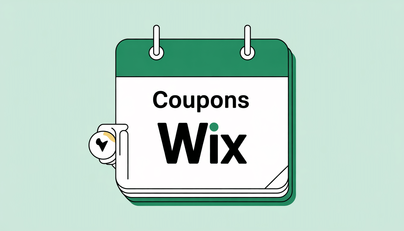 Illustration of a calendar with Vouchers with WIX written on it, featuring a green top border, a small tag with a tick on the left side, and highlighting discounts on a light green background.