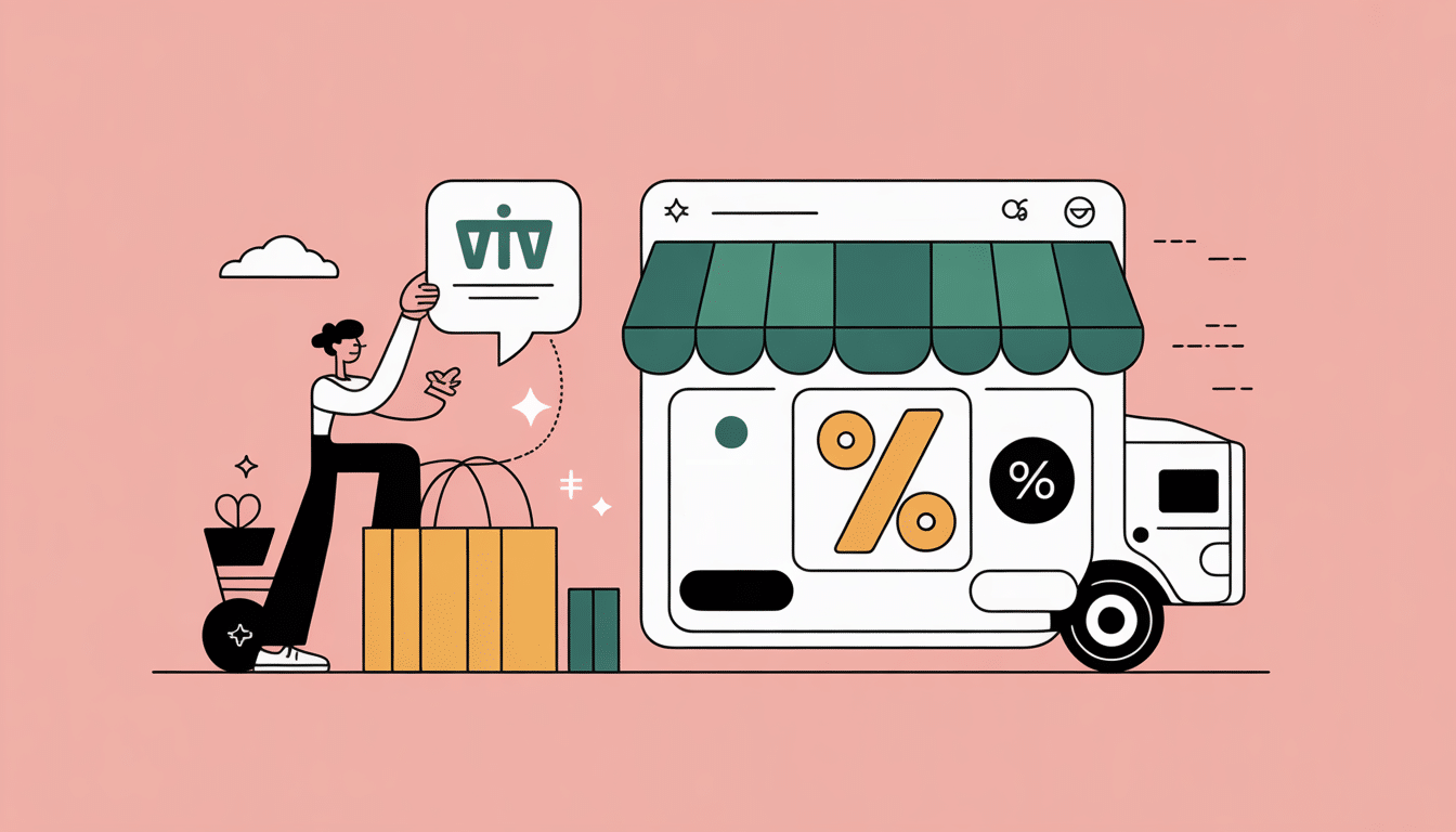 Illustration of a person with shopping bags and boxes next to a large online shop window displaying percentage signs, a delivery lorry, and a shopping trolley, representing online shopping, discounts, and vouchers with WIX.
