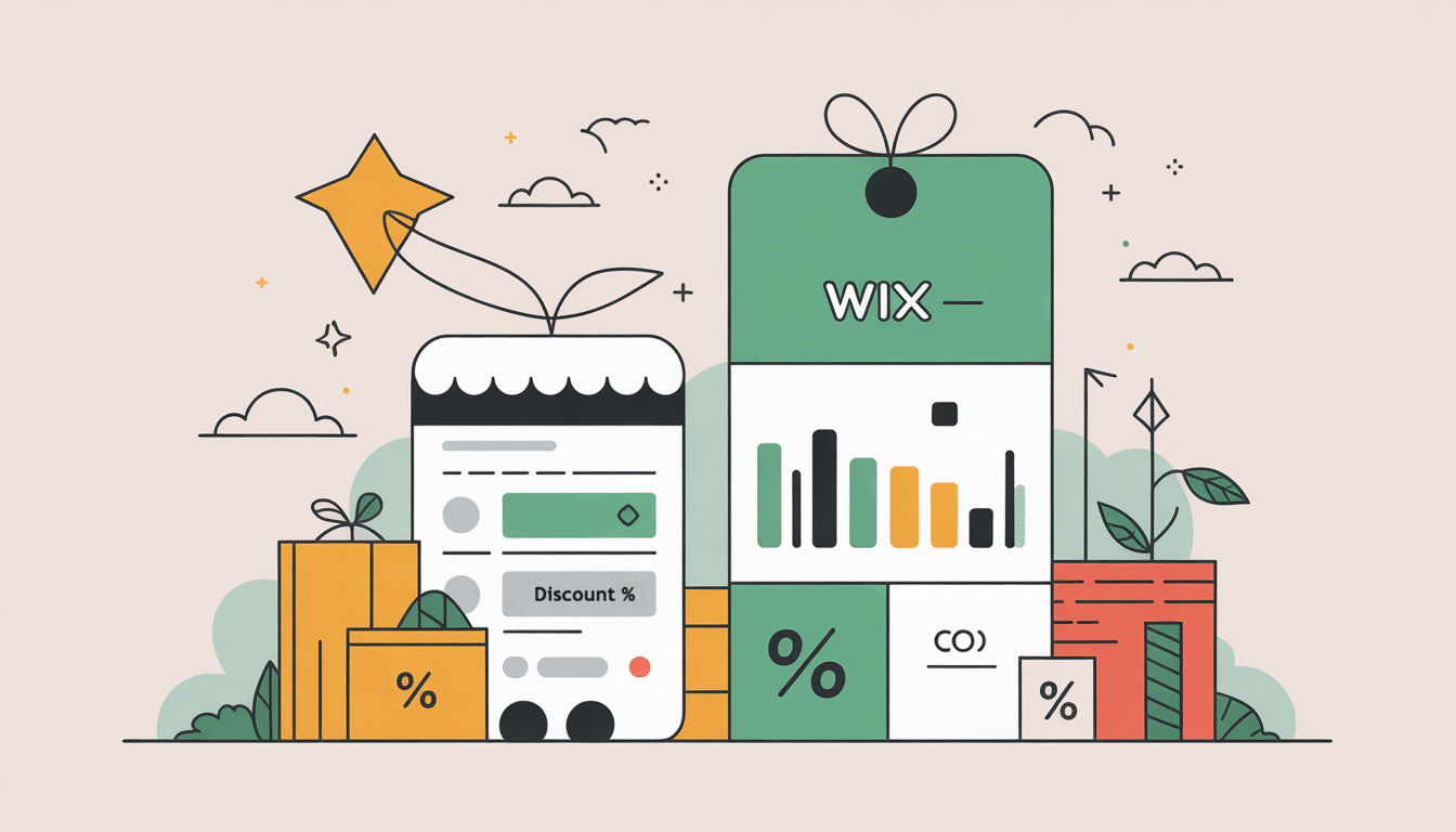 Illustration showing gift boxes, plants, a mobile with a discount offer, and a large tag labelled WIX with bar graphs and per cent signs, representing business growth and online deals with exclusive WIX Vouchers.