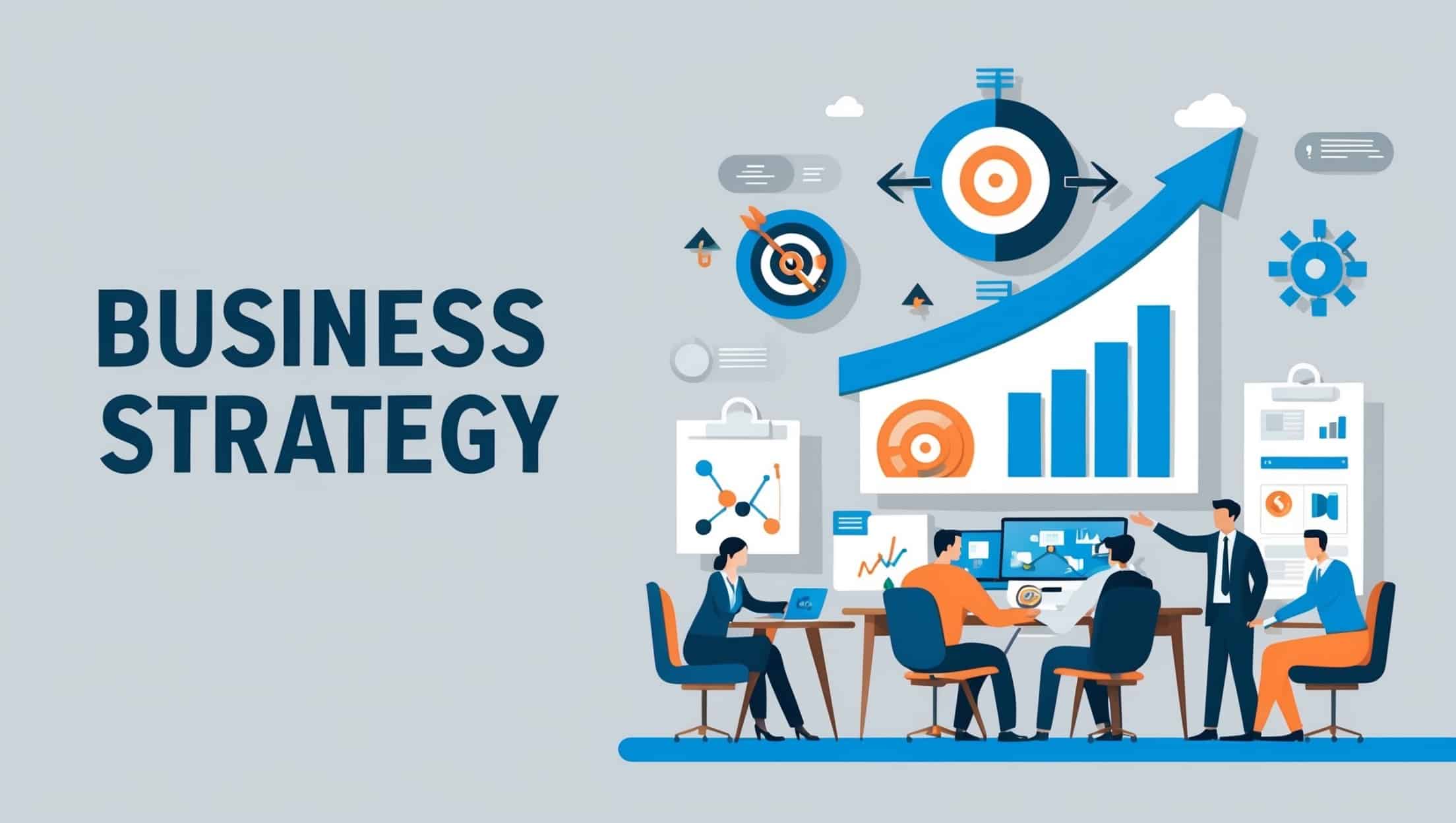 Business Strategy and Leadership text next to illustrated people working at a table with laptops, charts, and graphs. Upward arrows and target icons symbolise growth, planning, and leadership, with analytic visuals in the background.