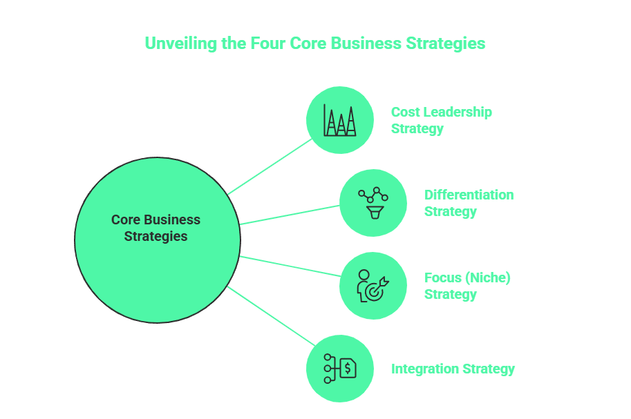A diagram titled Unveiling the Four Core Business Strategies showcases core business strategies, with lines pointing to Cost Leadership, Differentiation, Focus (Niche), and Integration—essential approaches in effective business strategy and marketing.