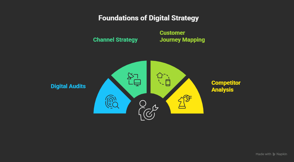 Semi-circle infographic titled Foundations of Digital Strategy, created by a leading Digital Marketing Agency Ireland, shows four sections: Digital Audits (blue), Channel Strategy (green), Customer Journey Mapping (light green), and Competitor Analysis (yellow).
