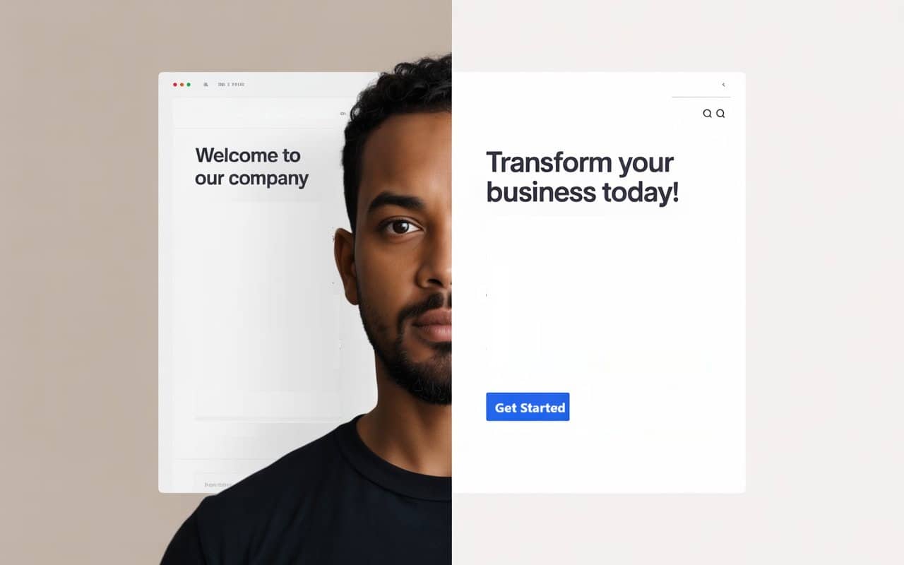A split image showing half of a mans face, with the left side overlaid by a webpage saying Welcome to our company and the right side by a modern page saying Transform your business today! with a Get Started button.